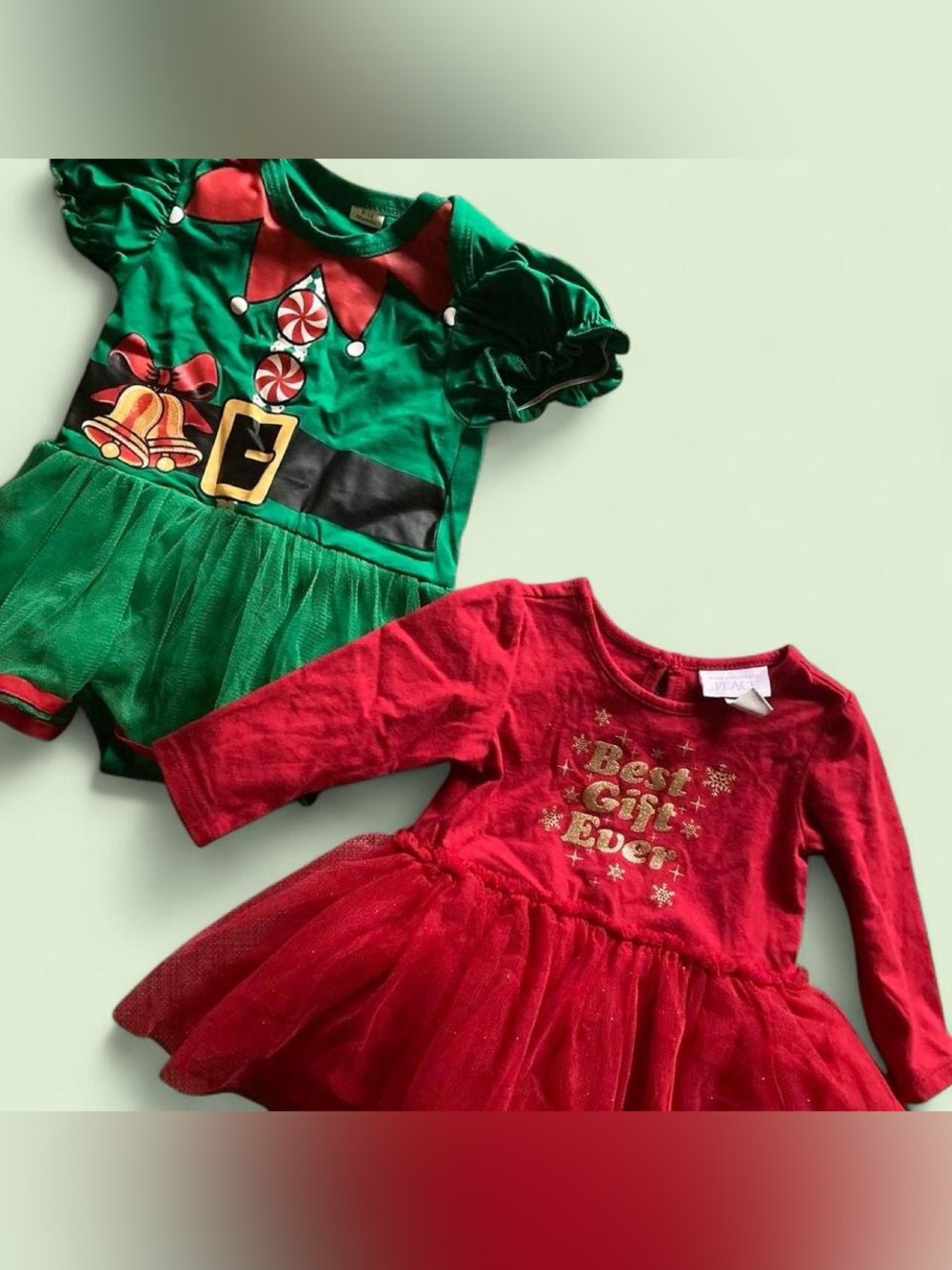 Two Holiday Dresses, Red Ballerina 3-6 mos, Green Christmas Elf - 9/12 mos